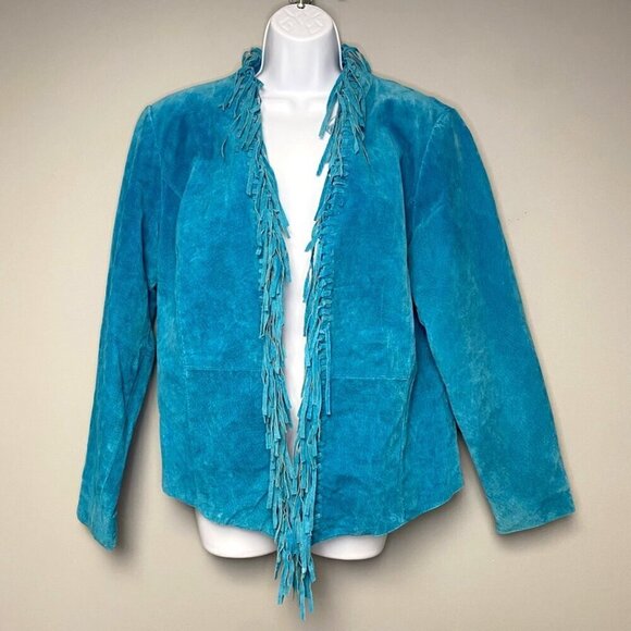 Dialogue Genuine Leather Washable Teal Green Western Fringe Coat Women's Size M - Picture 1 of 7